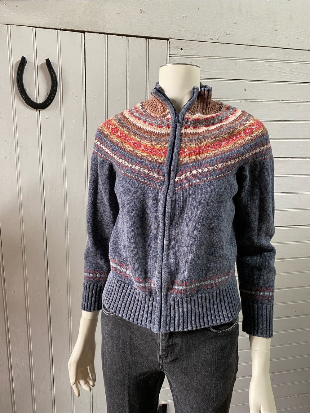 Vintage Blue Fair Isle Zip-Up Cardigan with Multicolor Yoke